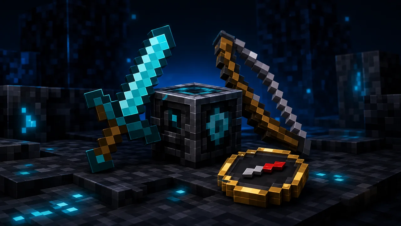 A sword, bow, compass, and tracking block arranged on deepslate